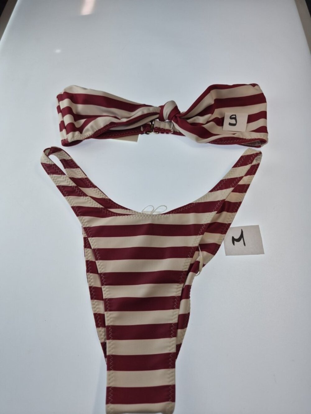 SAME Los Angeles Striped Bikini Set Burgundy Beige Bandeau Top S Bottom M  Nwt